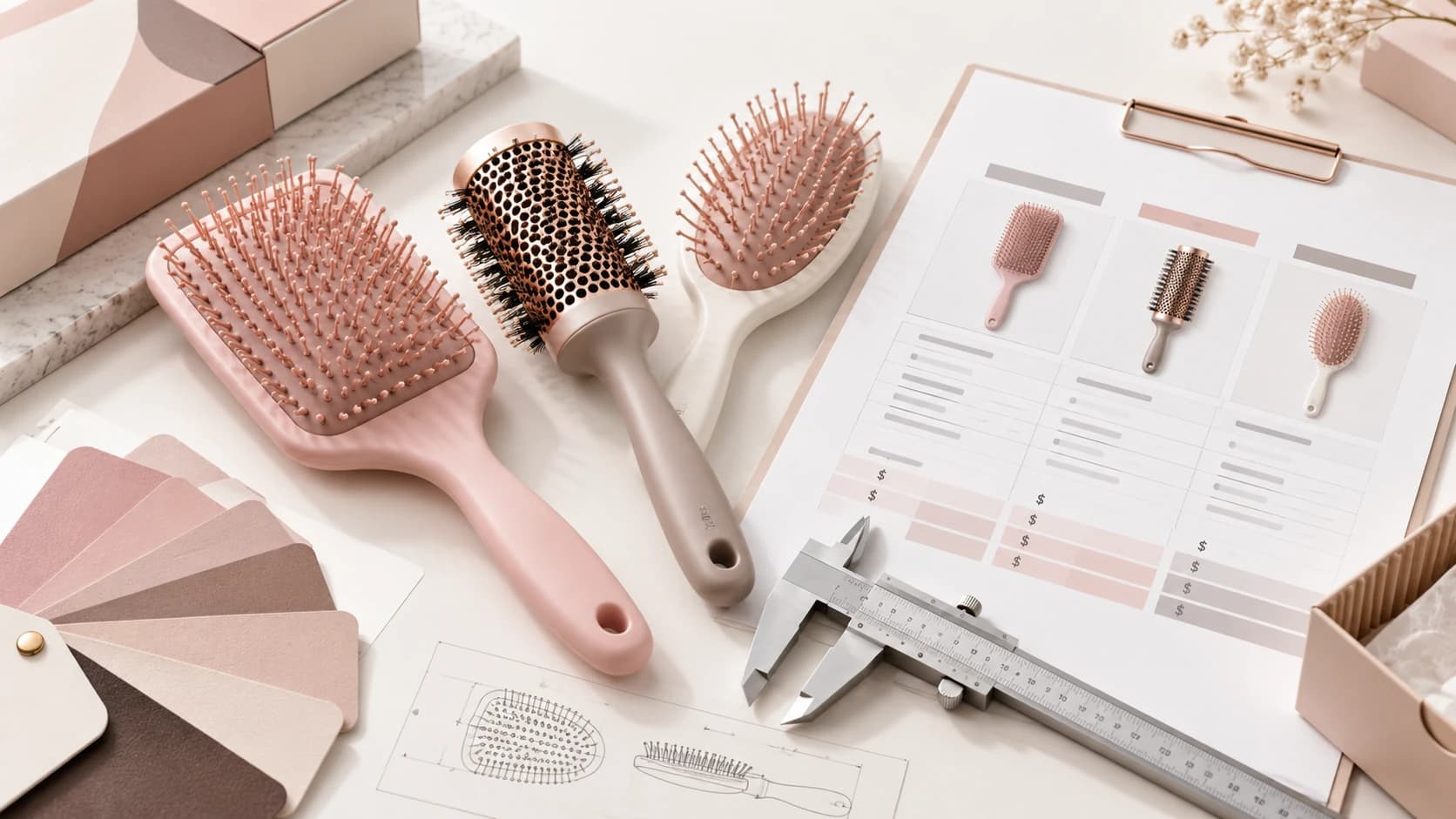 Paddle, round and oval hair brushes beside a quotation comparison sheet, color swatches and a caliper