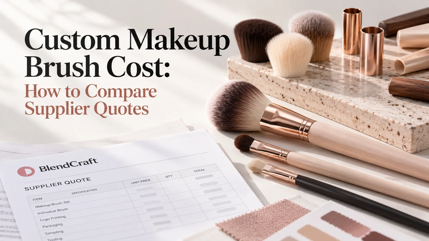 Custom makeup brush cost guide cover showing brush components and a supplier quote comparison sheet