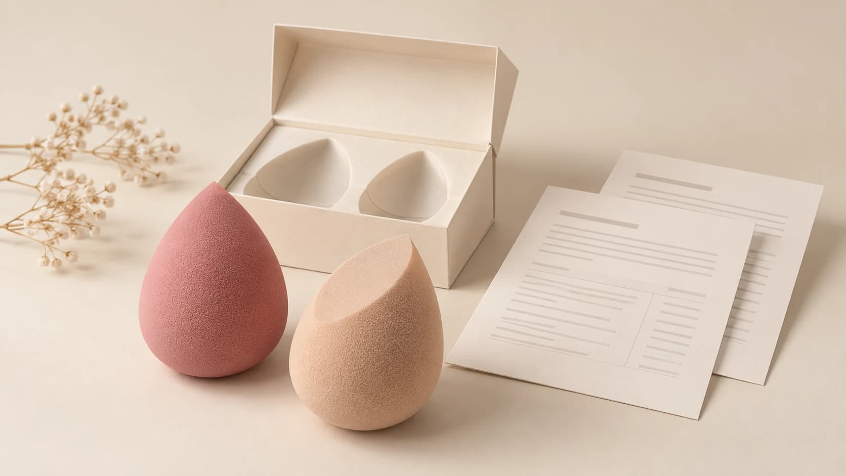 Editorial illustration of two blending sponges, an empty twin-pack box and two quotation sheets