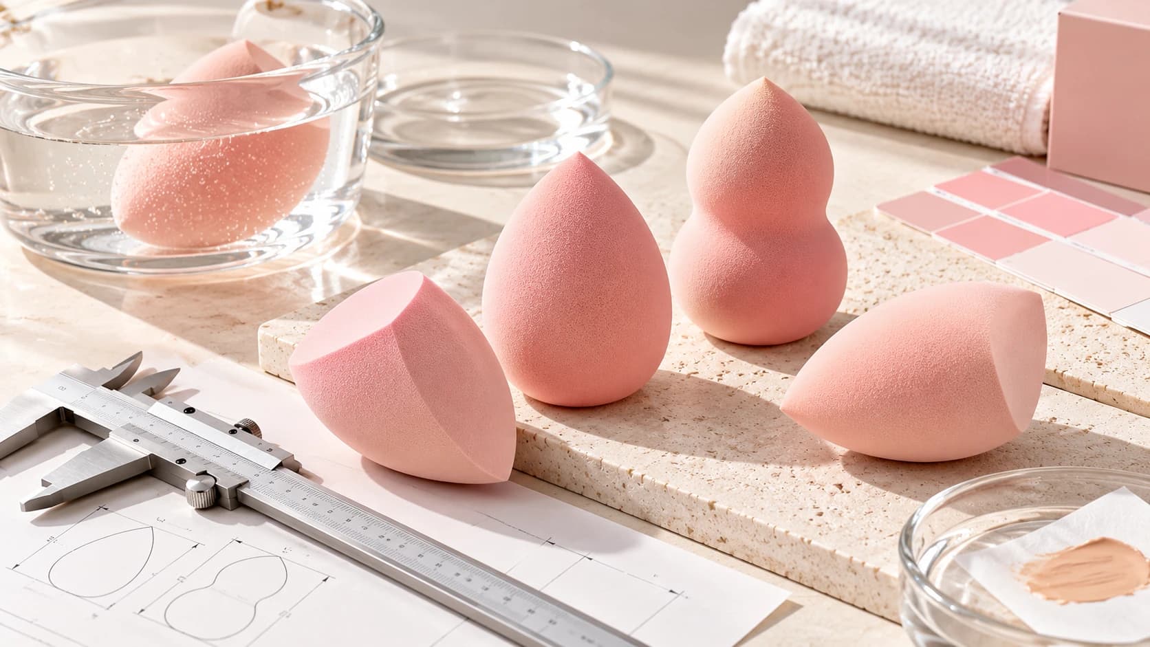 Illustration of pink makeup sponges with a caliper, water bowls and color swatches