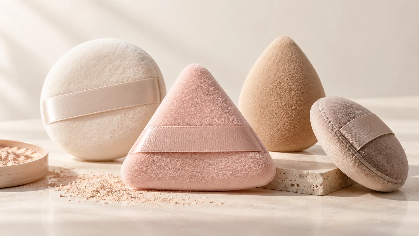 Round and triangular powder puffs with a makeup sponge in soft neutral tones