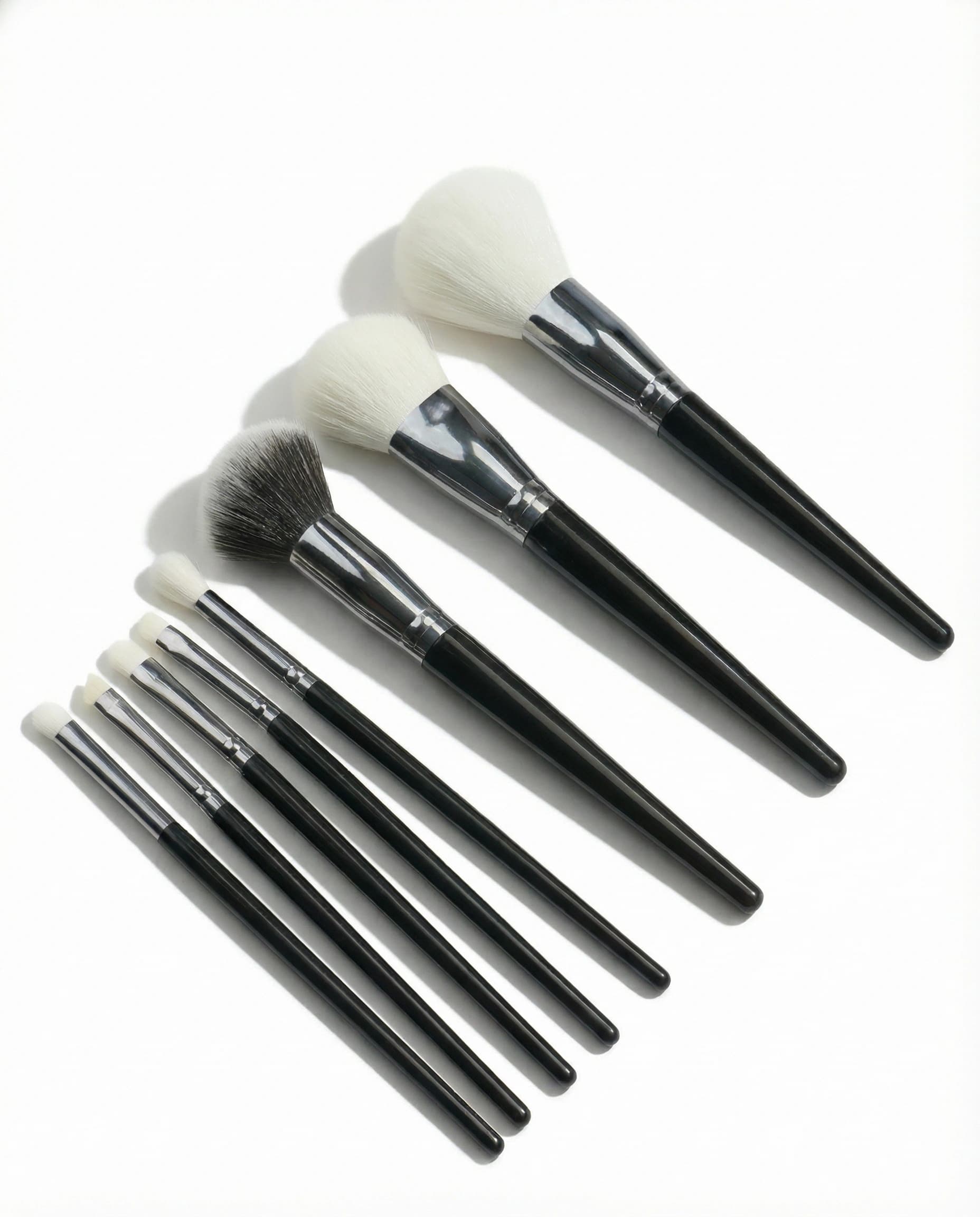 8-piece makeup brush set with black wooden handles and silver-tone aluminum ferrules