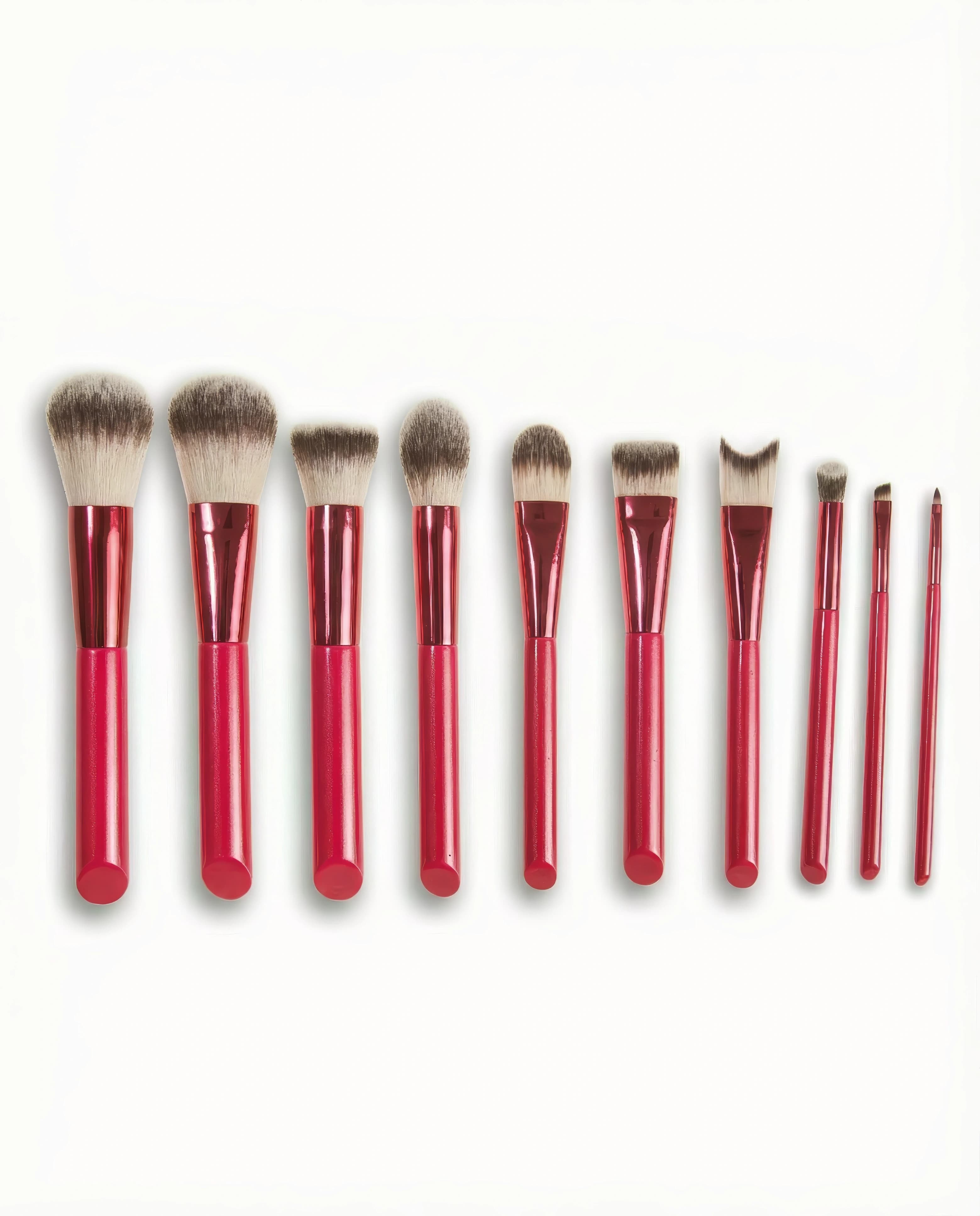10-piece angled handle makeup brush set in rose red