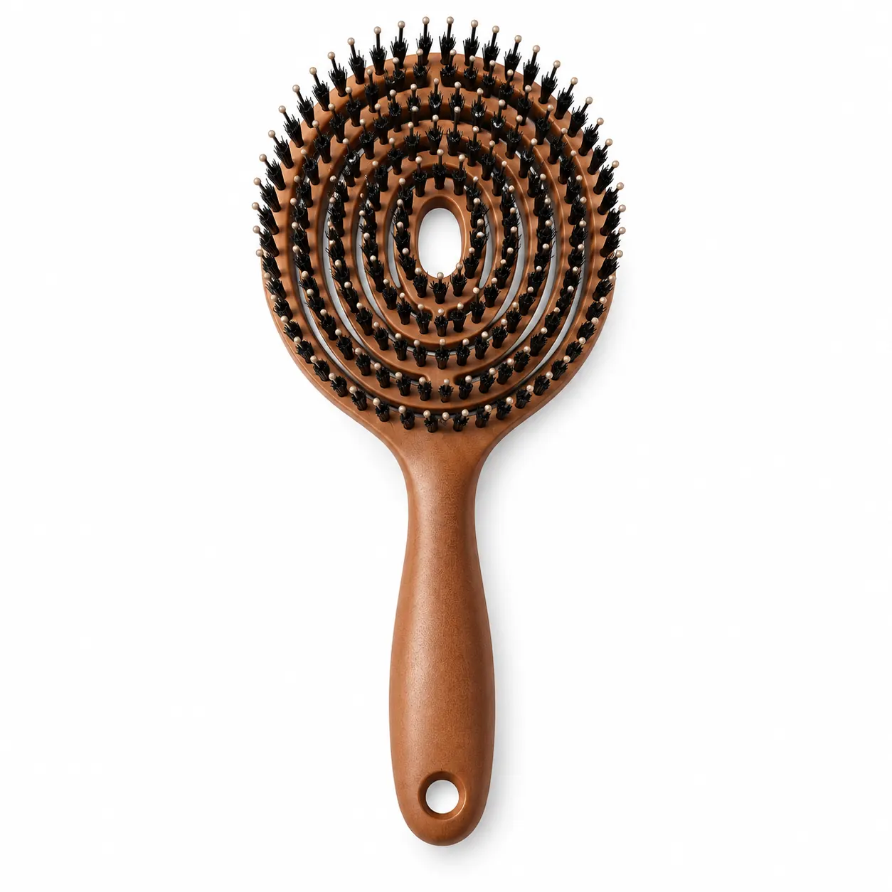 Brown BLC-1 spiral vented boar bristle hair brush with ball-tipped pins and a hanging hole
