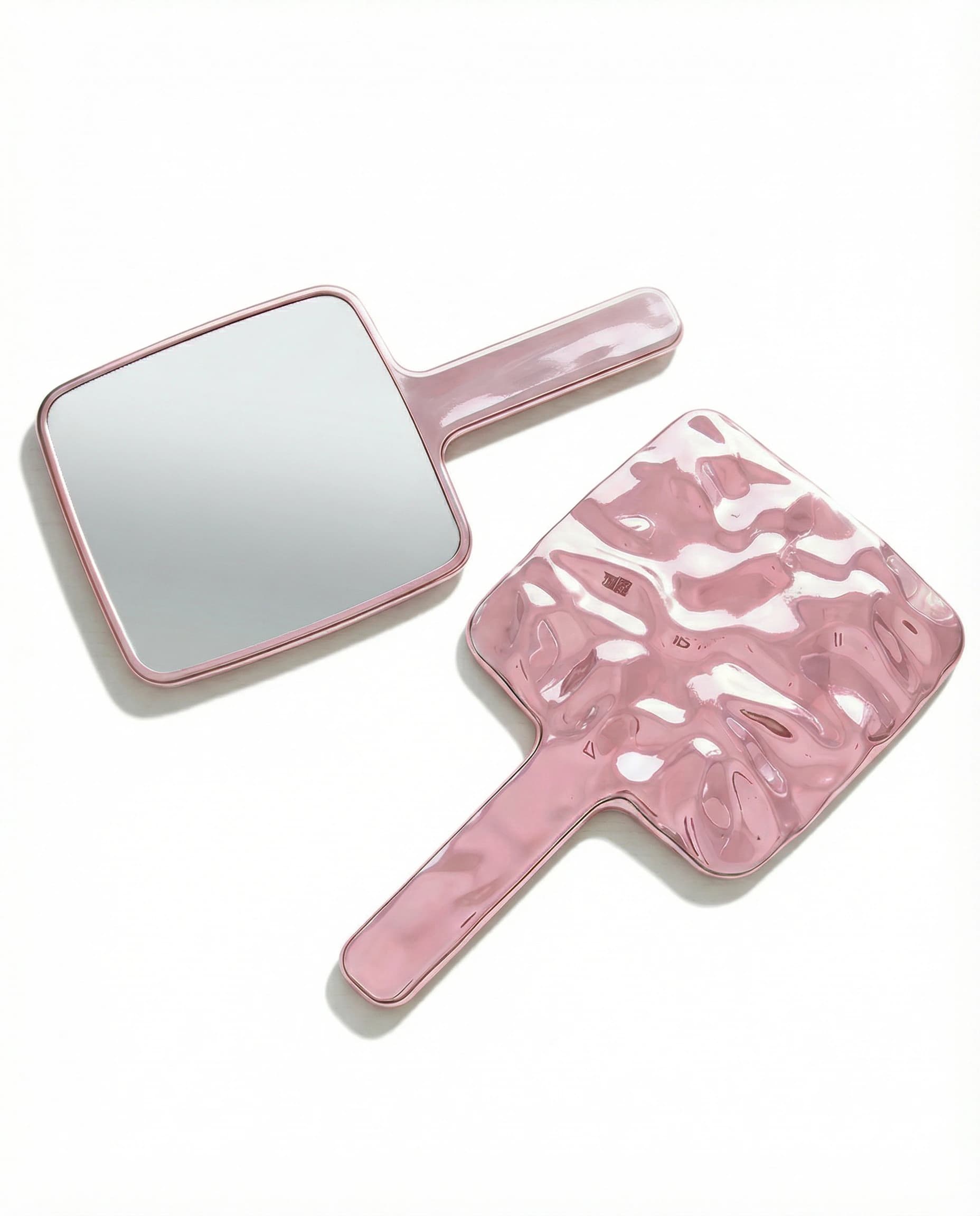Pink electroplated custom handheld makeup mirror with integrated ABS handle