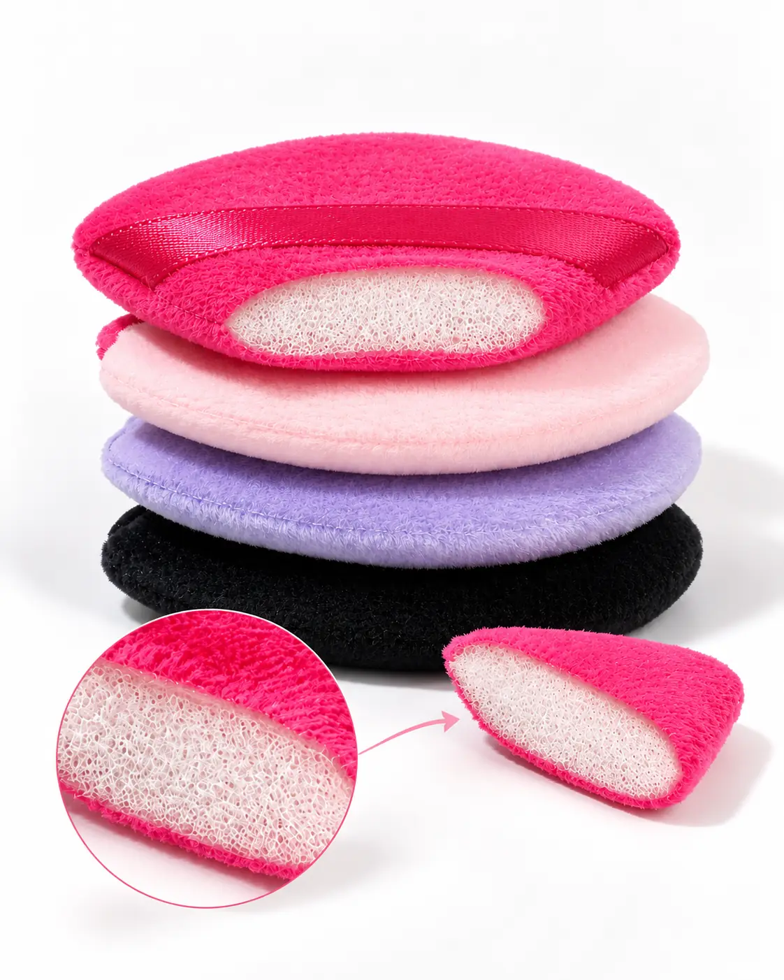 Cutaway-style view of a triangle powder puff showing the padded construction