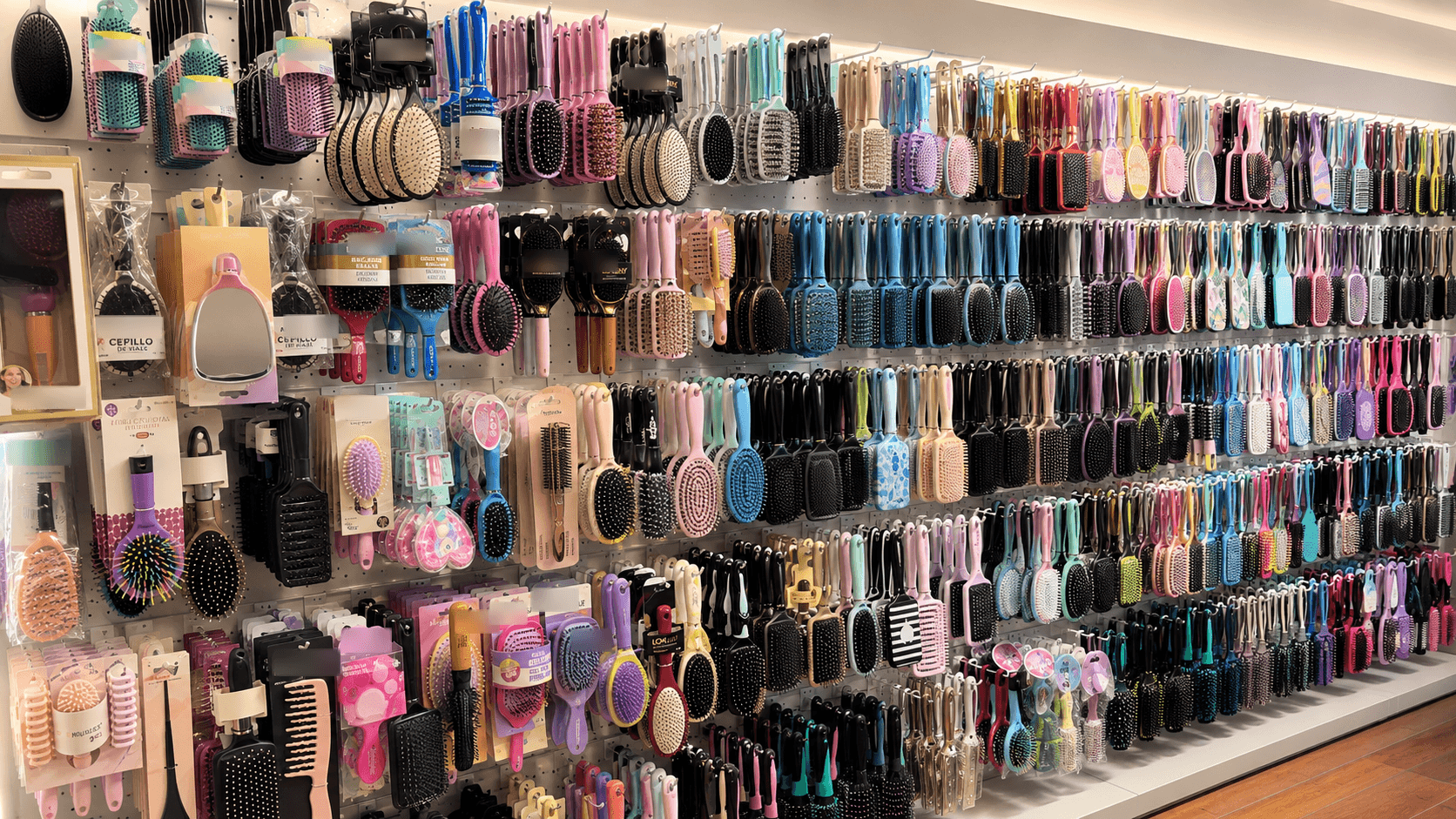 Hair brushes and beauty tools on the Ningbo factory display wall