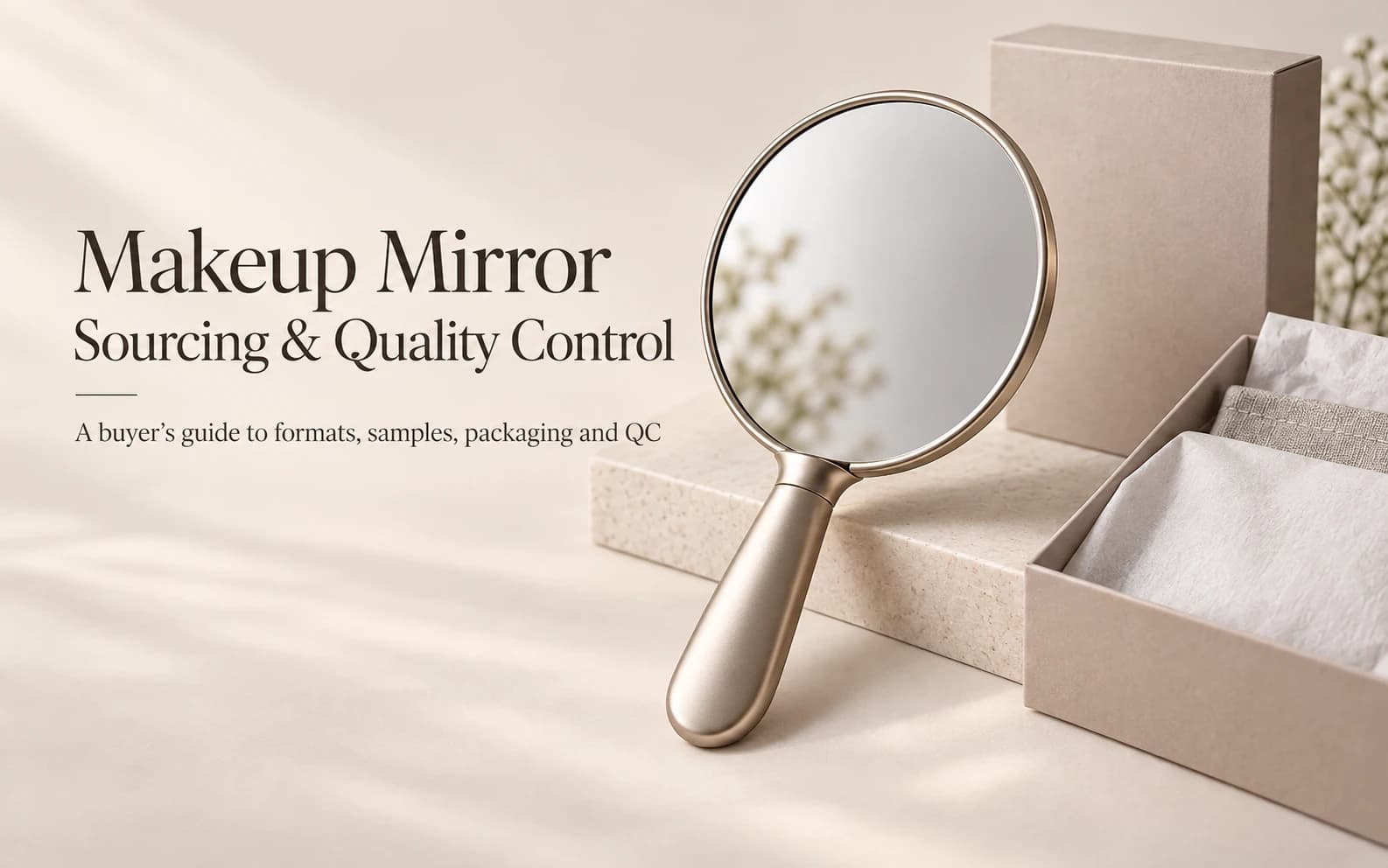 Handheld makeup mirror with protective packaging for sourcing and quality control