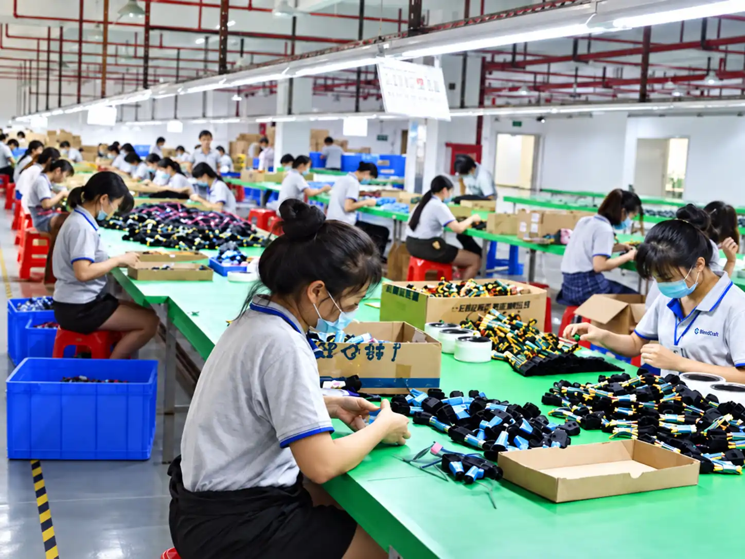 Rows of workers at green production tables assembling and sorting brush-related components