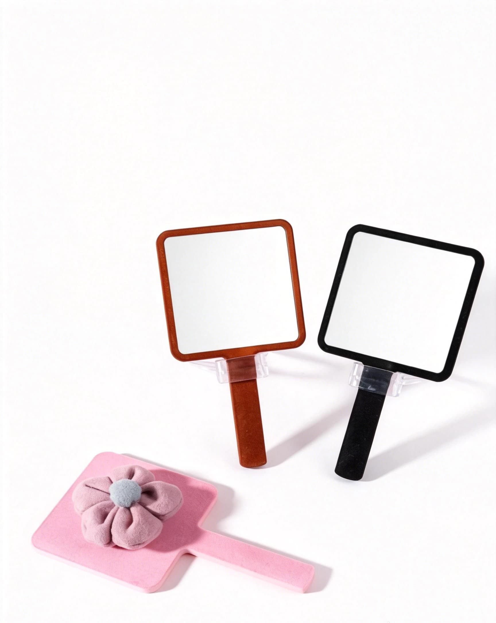3D fabric flower decoration on handheld makeup mirror back