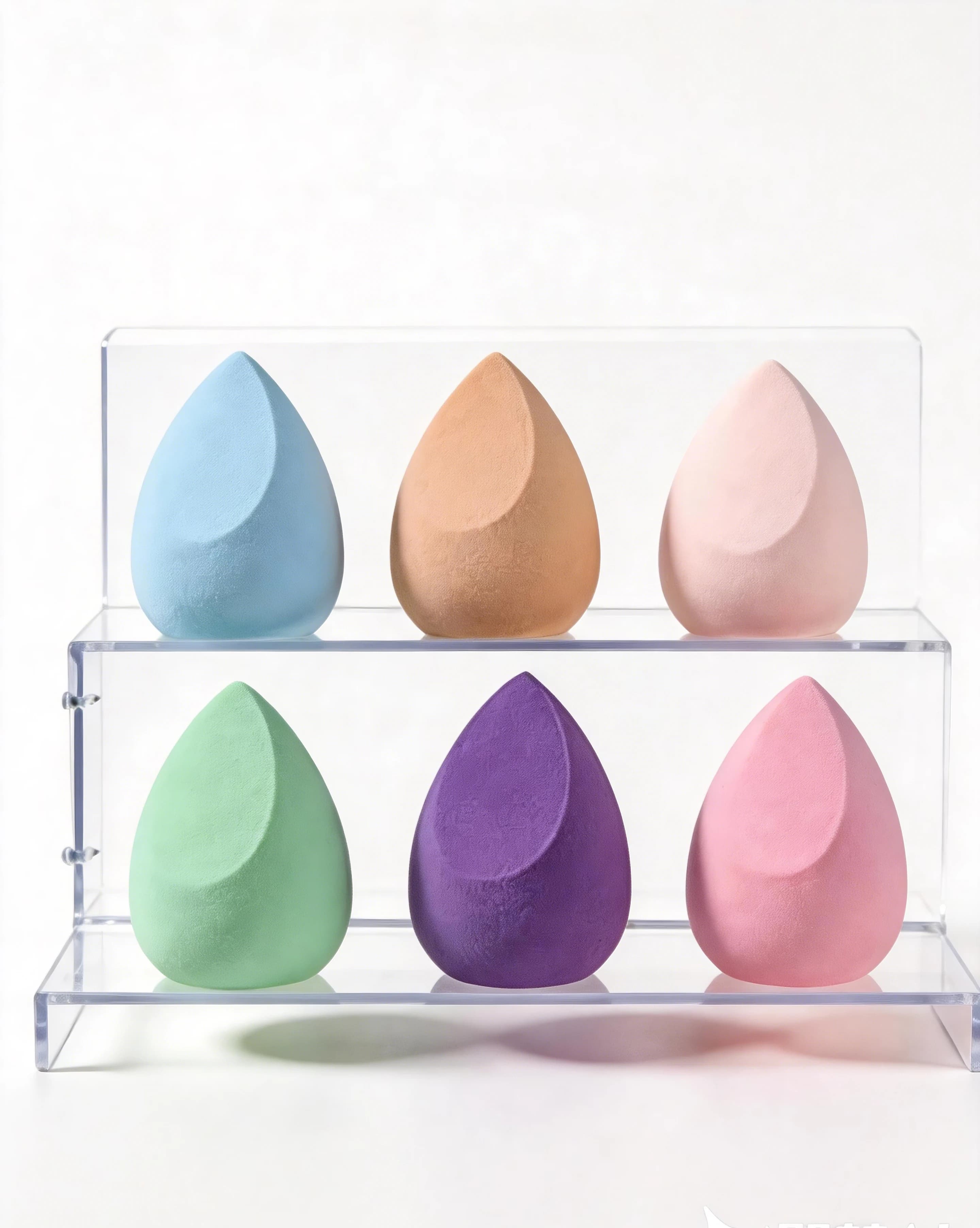 Six angled makeup sponges in different colors on a clear display stand