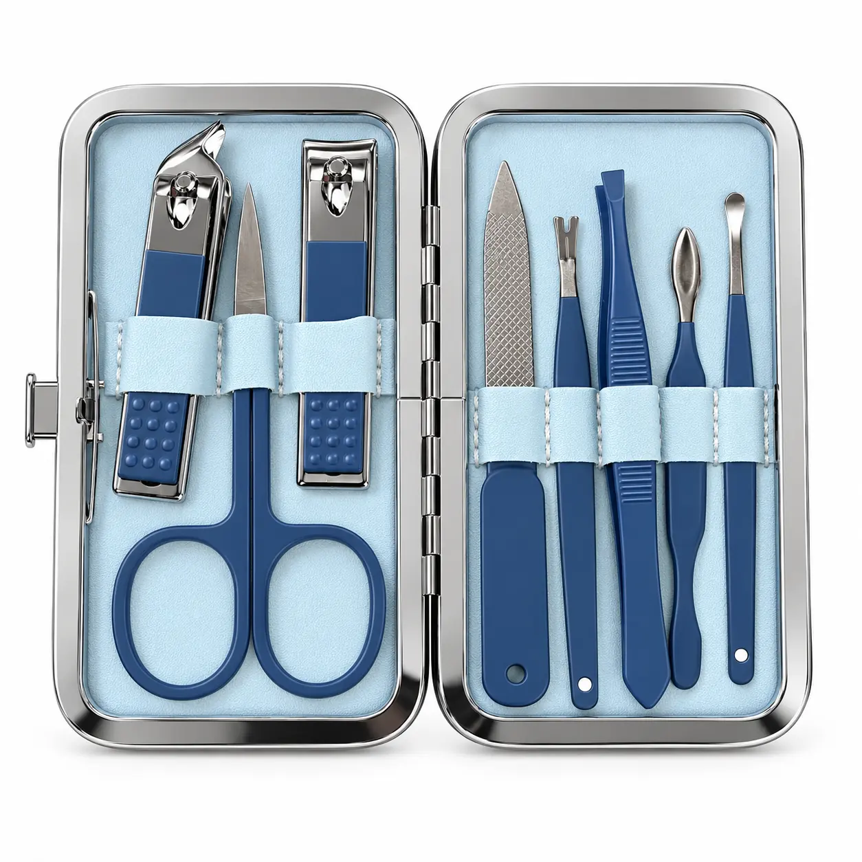 8-piece manicure set arranged in an open light-blue case