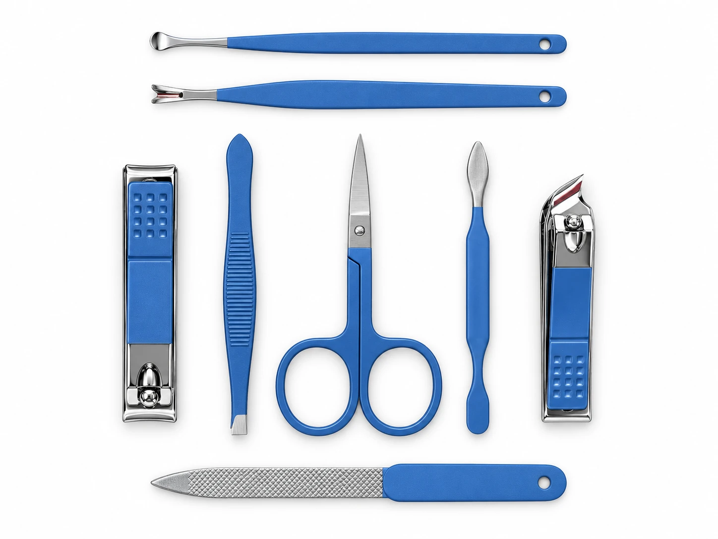Eight blue-accented manicure and grooming tools laid out on a white background