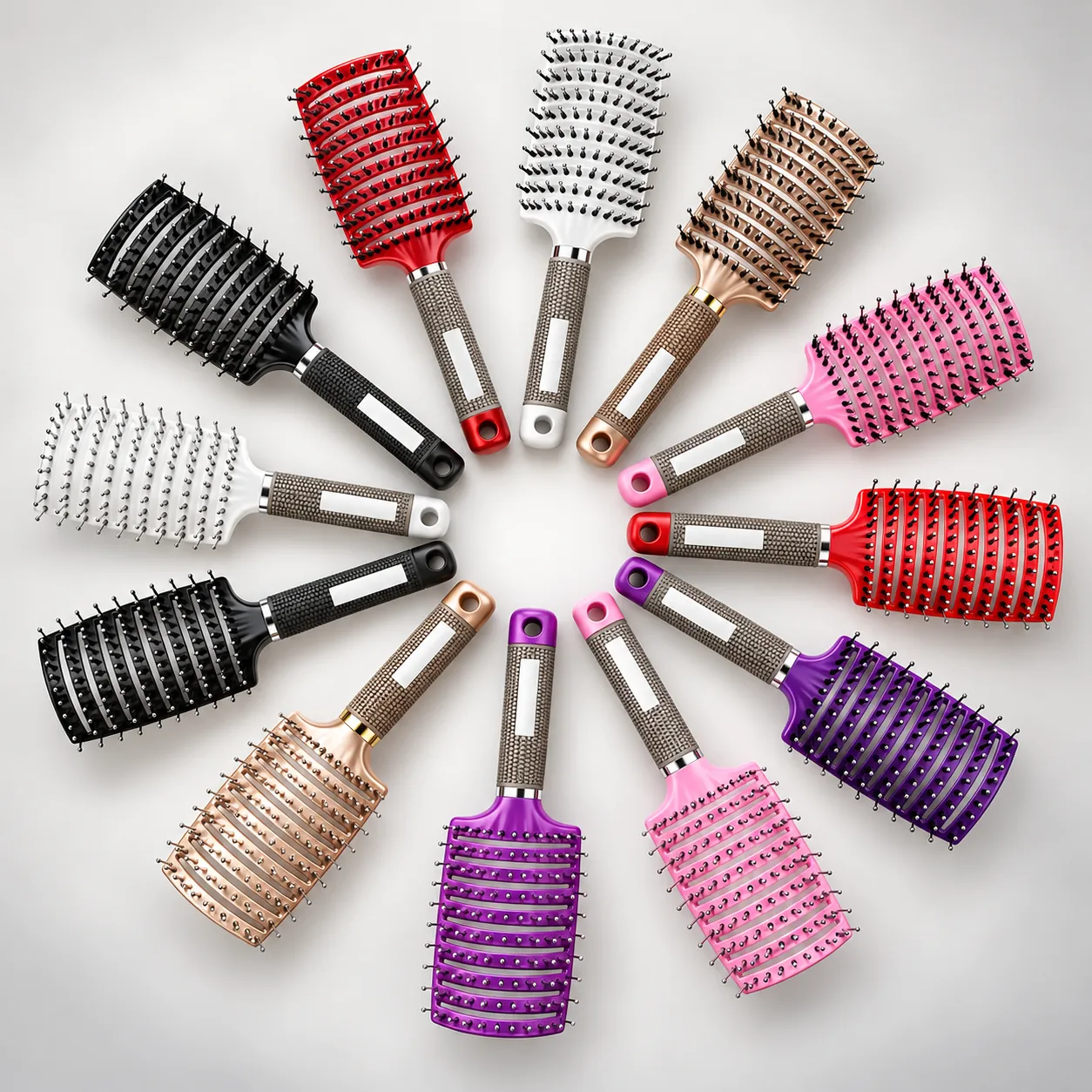 BLC-03 curved vented hair brushes in multiple colors arranged in a circle