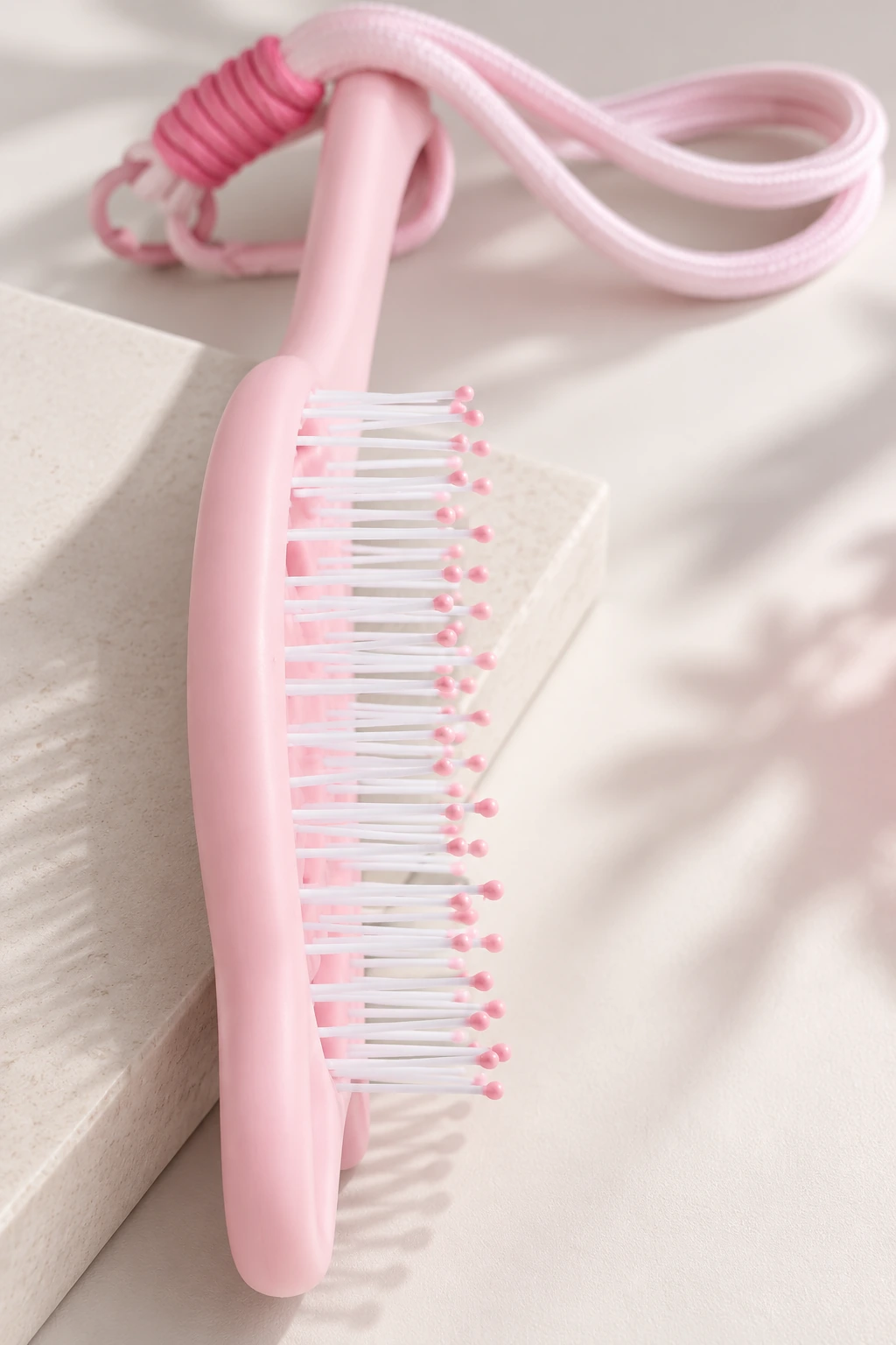 Side view of the pink BLC-05 hair brush showing its nylon pins, rounded tips and handle