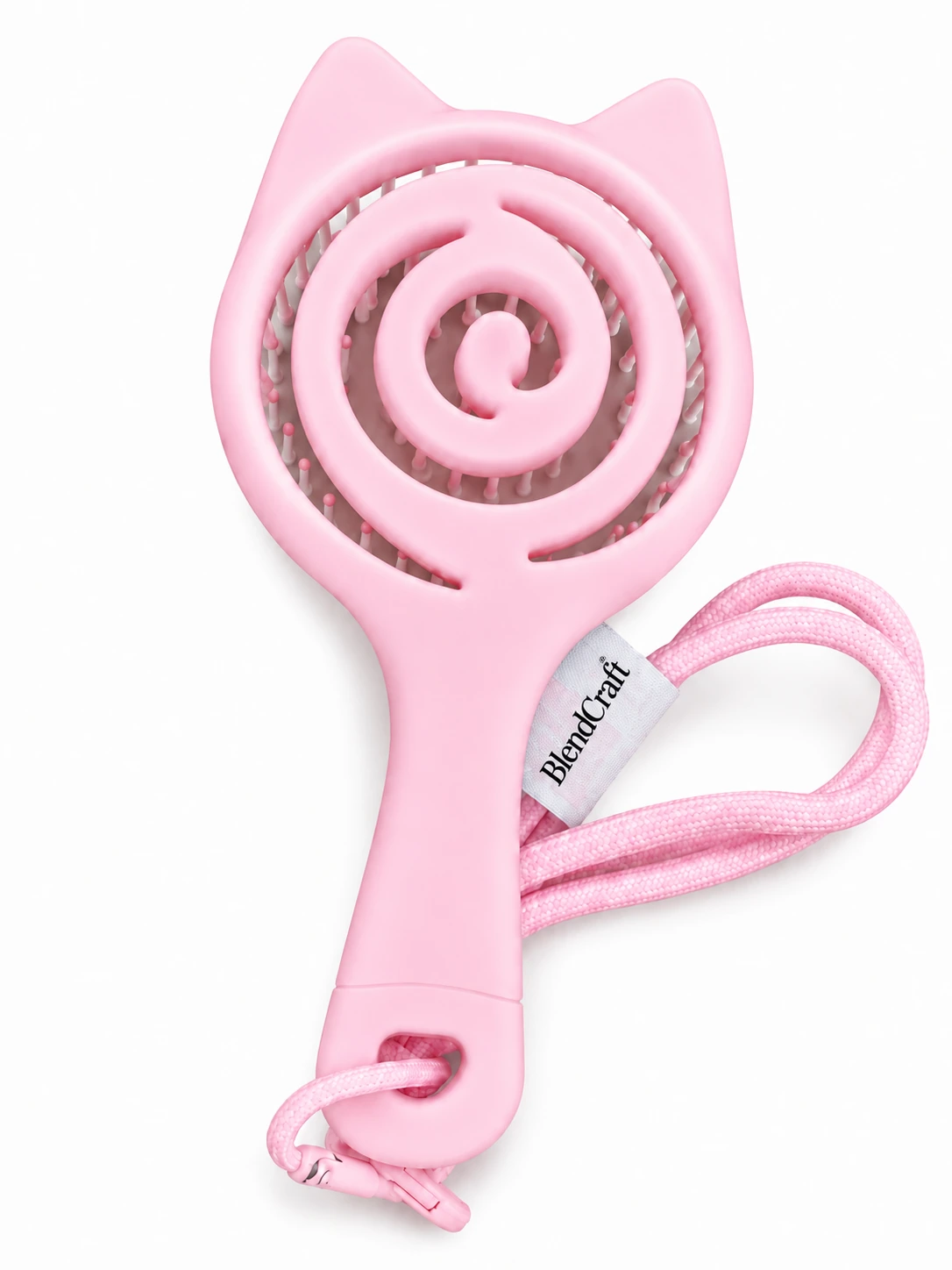 Rear view of the pink BLC-05 cat-ear spiral hair brush with a pink lanyard and BlendCraft fabric label