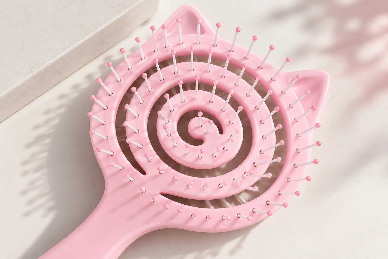 Close-up of the BLC-05 cat-ear spiral brush head with white nylon pins and pink rounded tips