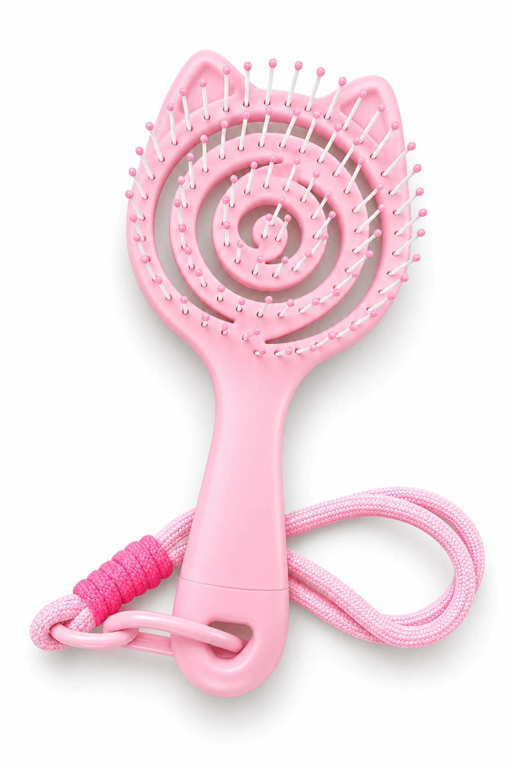 Pink BLC-05 cat-ear vented hair brush with rounded nylon pins, lanyard and clasp on a white background