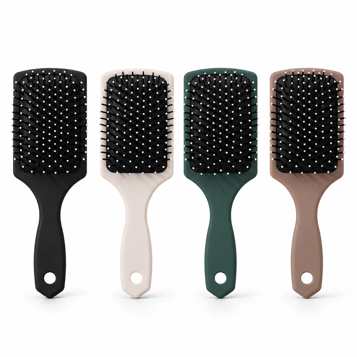 Rectangular paddle hair brushes in black, off-white, dark green and taupe