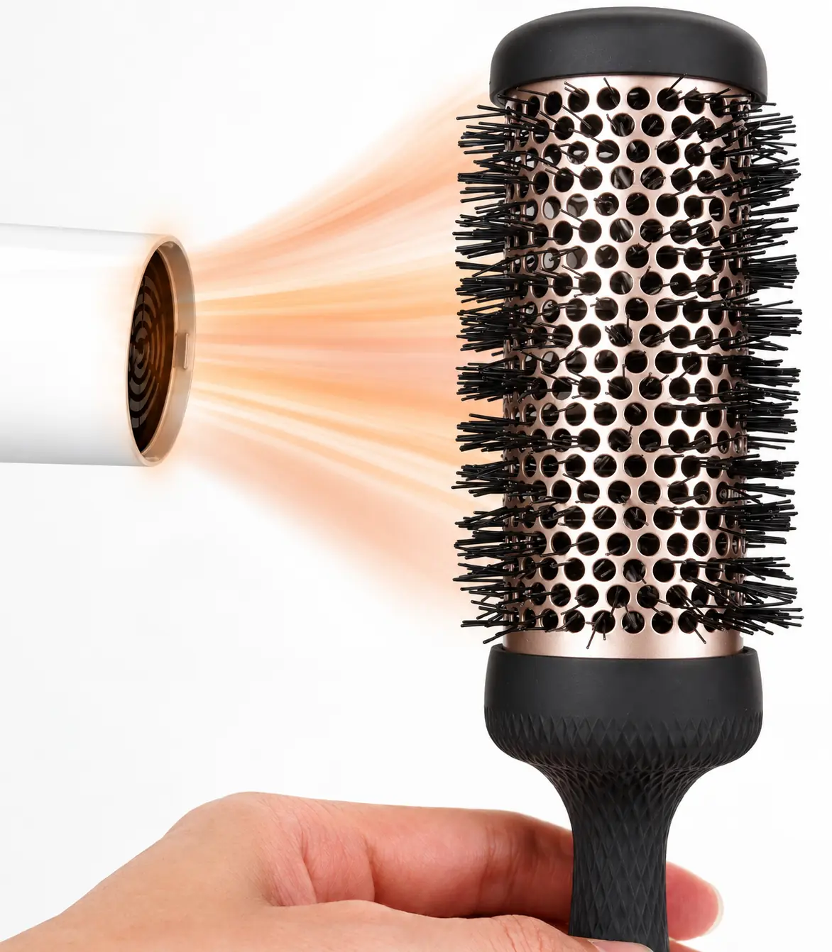 Illustration of a separate hair dryer directing airflow toward a vented round brush