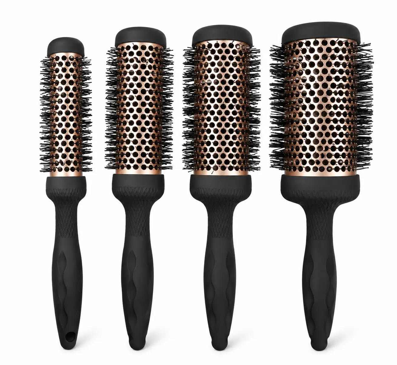 Four vented round hair brushes with champagne-colored barrels and black handles